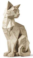 A muted cream-colored, geometrically-shaped cat figurine, showcasing a contemporary aesthetic, sits in a peaceful pose.