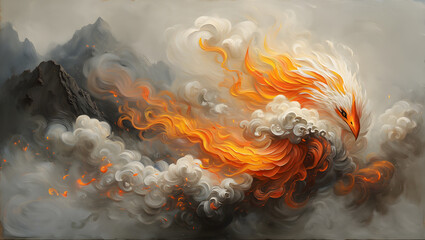 A phoenix rises from the ashes amidst a smoky landscape, engulfed in flames and fire