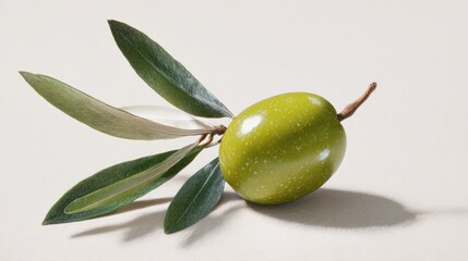 Single olive branch with green fruit and leaves on a light, neutral background