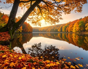 A serene autumn lake scene, with vibrant fall foliage mirrored perfectly on the tranquil water's surface, creating a picturesque autumnal landscape.