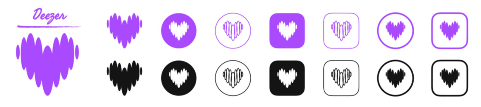 Deezer logo icon set in various styles including black, purple, outline, and solid versions. Ideal for music streaming platforms, audio apps, UI design, and digital content.