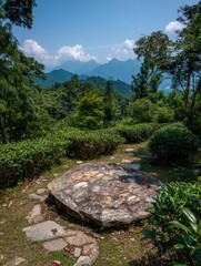 A large, flat stone sits amidst lush greenery, overlooking a serene mountain range.