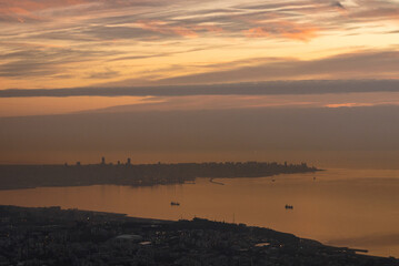 Aerial evening view from seen from Harissa town in Lebanon with Beirut city