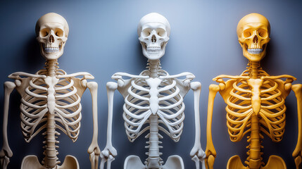 A full human skeletal system is displayed with intricate bone textures and precise joint articulations, highlighting anatomy, structure, and the complexity of the human body..