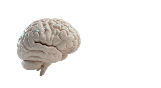 Pristine, anatomically accurate human brain with ethereal digital light streams & glowing neural pathways on transparent, concept of advanced AI & cognition