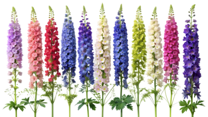 Collection of colorful delphinium flowers isolated on transparent background