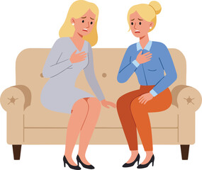Obraz premium Two worried women sitting on beige sofa comforting each other during emotional conversation vector illustration 