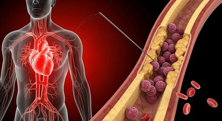 3D Medical Illustration:  Angioplasty Procedure,  Artery Plaque Removal, Cardiovascular System,  Human Anatomy,  Red Blood Cells.