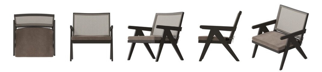 Five chairs shown from different angles, set against a clean background, showcasing furniture design and interior style. The chairs are well-crafted and minimalist in appearance