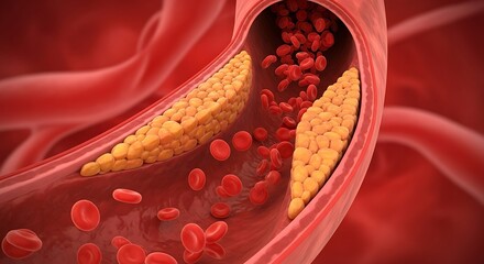 3D Medical Illustration:  Atherosclerosis, Cholesterol Plaque Buildup in Artery, Blood Flow Restriction.