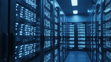 Immersive journey through a futuristic data center with glowing server racks and digital information flow - Powered by Adobe