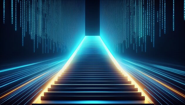 a digital staircase made of glowing binary code a futuristic digital background with neon glowing