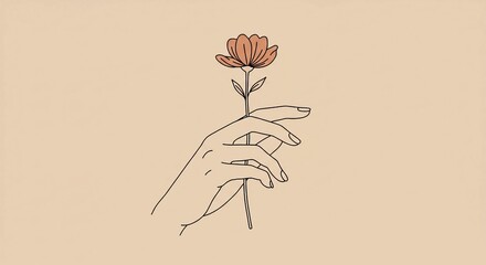 A minimalist line drawing of a delicate hand holding a single pink flower against a beige background.