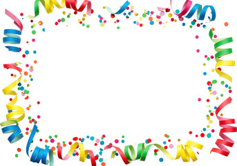 Obraz premium Vibrant red, blue, green, yellow, pink confetti (circles, stars) and streamers frame a transparent studio background with copy space, modern celebration concept for announcements.