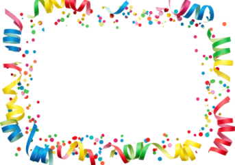 Vibrant red, blue, green, yellow, pink confetti (circles, stars) and streamers frame a transparent studio background with copy space, modern celebration concept for announcements.
