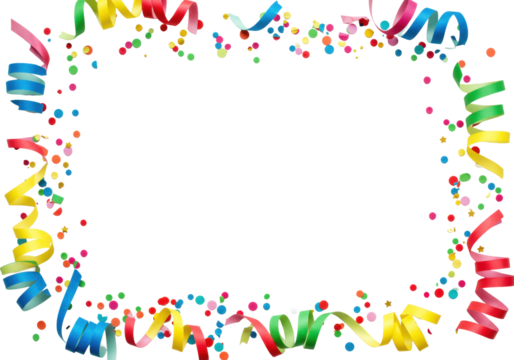 Vibrant red, blue, green, yellow, pink confetti (circles, stars) and streamers frame a transparent studio background with copy space, modern celebration concept for announcements.