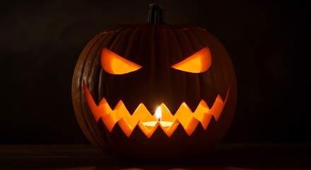 Spooky Jack O Lantern Glowing in Dark for Halloween.