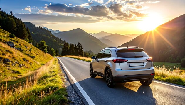A silver SUV cruises a scenic mountain road at sunset, bathed in golden light. - Powered by Adobe