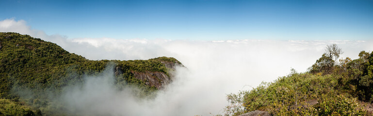 Panoramic view of foggy altitude rainforest at southeastern Brazil
