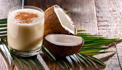 creamy coquito with fresh coconut slices