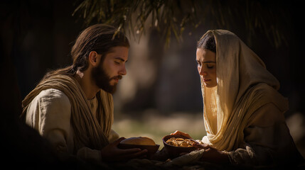 Isaac and Rebekah share a quiet meal beneath the shade of a wide acacia tree, gentle breeze moving the branches, their eyes meeting in tender devotion, symbolizing love and covenant..