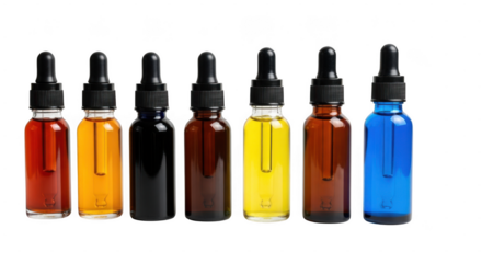 A collection of six glass dropper bottles filled with colorful liquids, isolated on a transparent background
