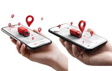 2 smartphone with location pins on the map and an illustration of a truck in red color is placed at one pin. a hand holding a mobile phone showing an interface design,