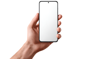 A hand holding a blank-screen mobile phone, isolated on a transparent background