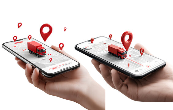 2 smartphone with location pins on the map and an illustration of a truck in red color is placed at one pin. a hand holding a mobile phone showing an interface design,