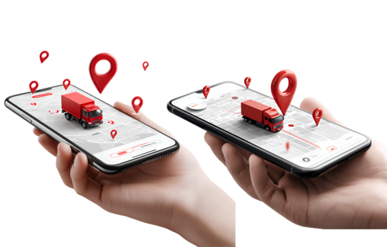 2 smartphone with location pins on the map and an illustration of a truck in red color is placed at one pin. a hand holding a mobile phone showing an interface design,