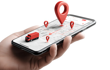 transparent background a smartphone with location pins on the map and an illustration of a truck in red color is placed at one pin. a hand holding a mobile phone showing an interface design,