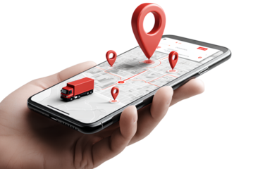 transparent background a smartphone with location pins on the map and an illustration of a truck in red color is placed at one pin. a hand holding a mobile phone showing an interface design,