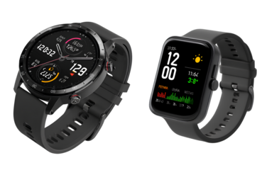 transparent background two black smartwatch with digital display, displaying time and temperature data