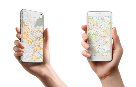 transparent background 2 hand holding a smartphone with a map application, isolated on a
