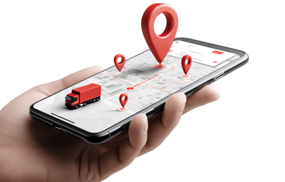 transparent background a smartphone with location pins on the map and an illustration of a truck in red color is placed at one pin. a hand holding a mobile phone showing an interface design,