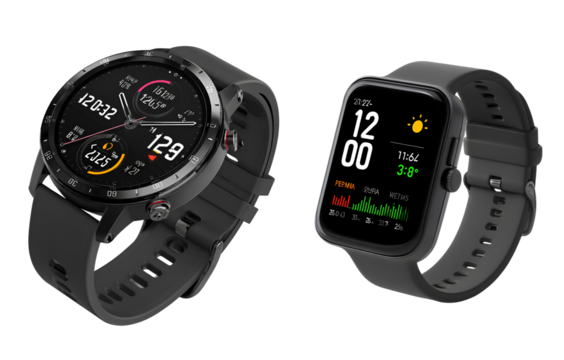 transparent background two black smartwatch with digital display, displaying time and temperature data