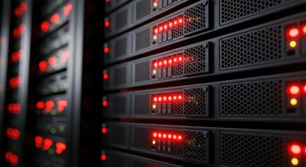 Modern Server Racks with Blinking Red Lights in Data Center