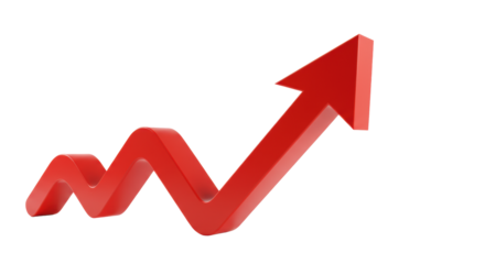 A prominent, vibrant pure red 3D arrow with sleek lines gracefully curves upward on an infinite white background, soft shadowless lighting, deep depth of field. Concept of business growth and success