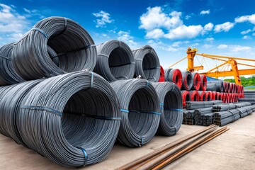Steel wire rods and metal pipes storing in open air warehouse