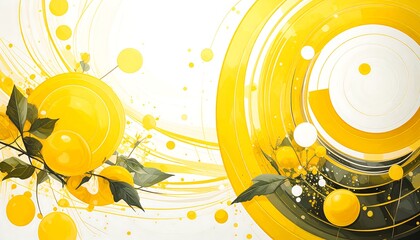 A vibrant design featuring clusters of yellow spheres and leaves, set against a backdrop of swirling, concentric circles, with splashes of white and dark elements.