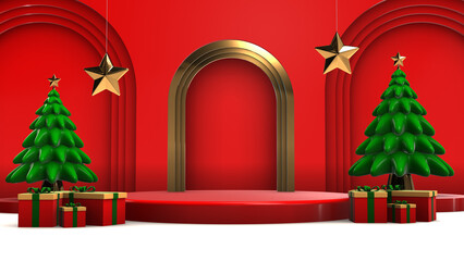 New Year's festive scene with decorations. Minimal merry christmas scene. 3D scene with pedestal podium and geometric christmas decoration. 