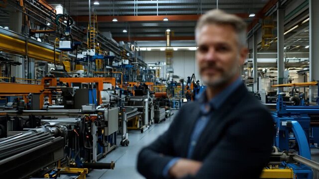 In a contemporary manufacturing facility, a distinguished man stands thoughtfully with his arms crossed, observing machinery and operations.