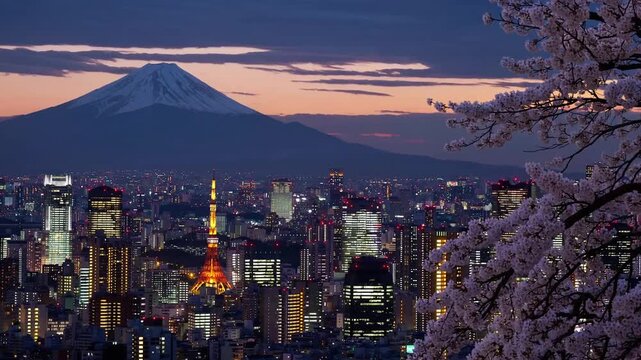 Combined ry featuring Mount Fuji alongside the cityscape of Tokyo during the evening twilight hours