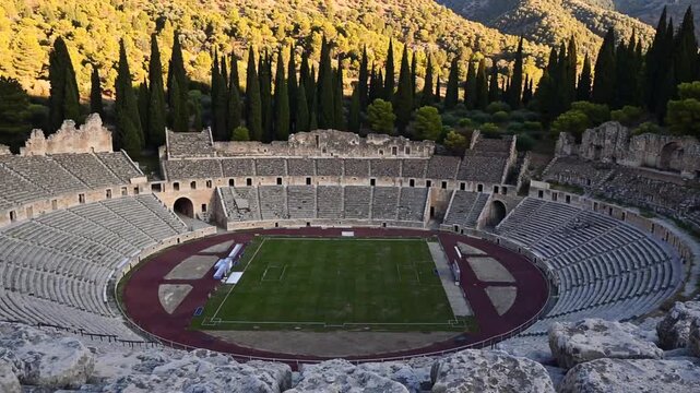 Wide-Angle Perspective of the Athletic Competition Grounds at the Historic Hellenic Ruins of Delphi