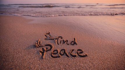 Fototapeta premium Find Peace Message Written on Sand with Calm Symbol