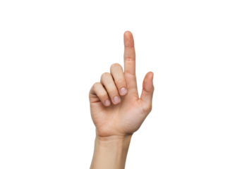 Caucasian human hand with extended index finger pressing invisible digital interface, transparent background, high-key studio, concept of precision tech interaction.