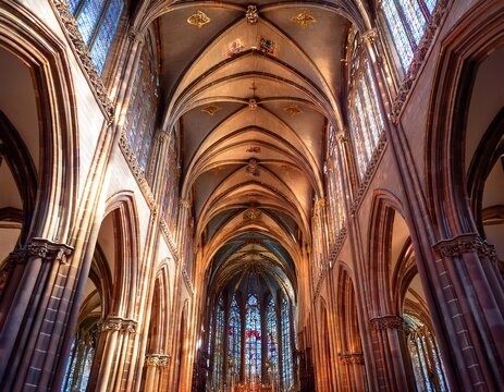majestic gothic cathedral interior featuring intricate vaulted ceilings stained glass windows and soft illuminations creating a serene atmosphere of spiritual and architectural grandeur - Powered by Adobe