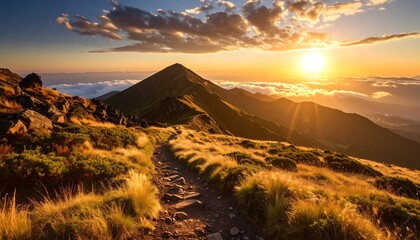 A breathtaking mountain vista at sunset, showcasing a sunlit trail winding through golden grasslands.