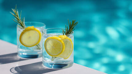 Two refreshing lemon cocktails with rosemary sprigs served by a sunny poolside.  
