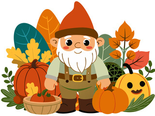 Naklejka premium Nordic dwarf nisse character stands among colorful autumn leaves and pumpkins, embodying a cheerful fall vibe with a warm, inviting atmosphere celebrating the season